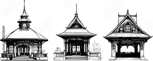 3 Pieces of Victorian style Airport terminals designs, Victorian style Airport terminals vector illustration