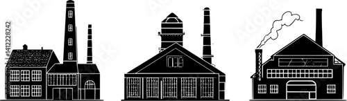 3 Pieces of Victorian style Factories designs, Victorian style Factories vector illustration
