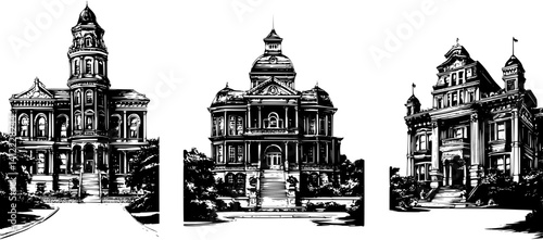 3 Pieces of Victorian style Courthouses designs, Victorian style Courthouses vector illustration