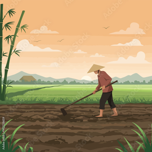 Working Farmer Plowing Soil in Rice Field Countryside