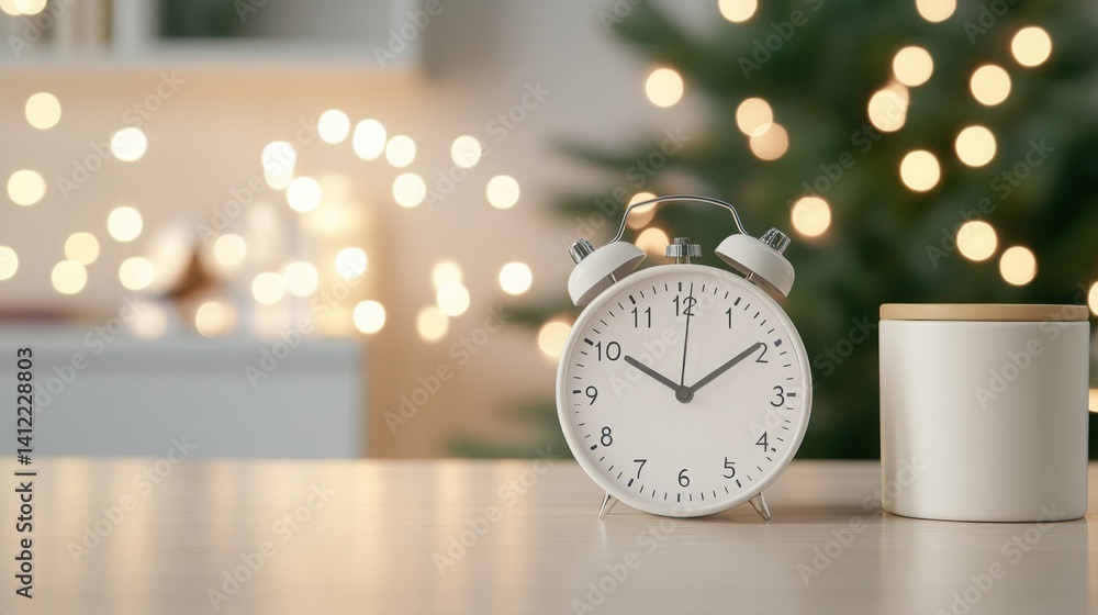 Table clock placed on the table with round bokeh light background