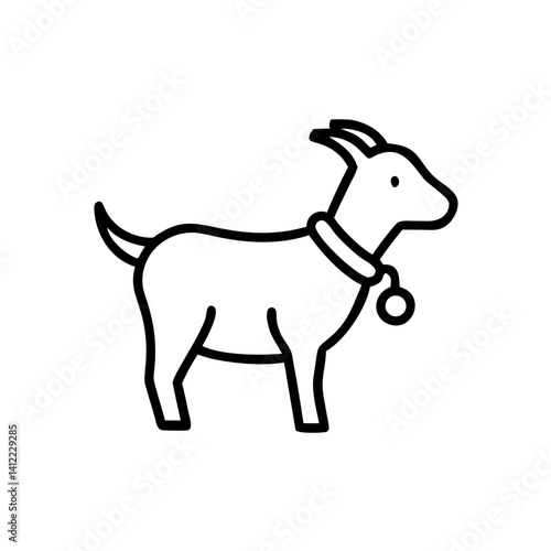 A charming young goat wearing a bell collar, a playful farm animal portrait in simple bold line art.