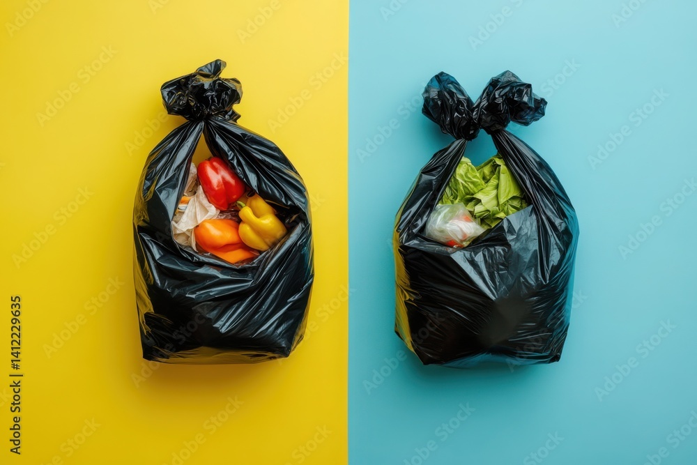 Black garbage bags with food waste on a yellow background, with copy space for text. Two thumbnail images of trash,