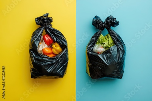 Obraz na płótnie Black garbage bags with food waste on a yellow background, with copy space for text. Two thumbnail images of trash, w salonie