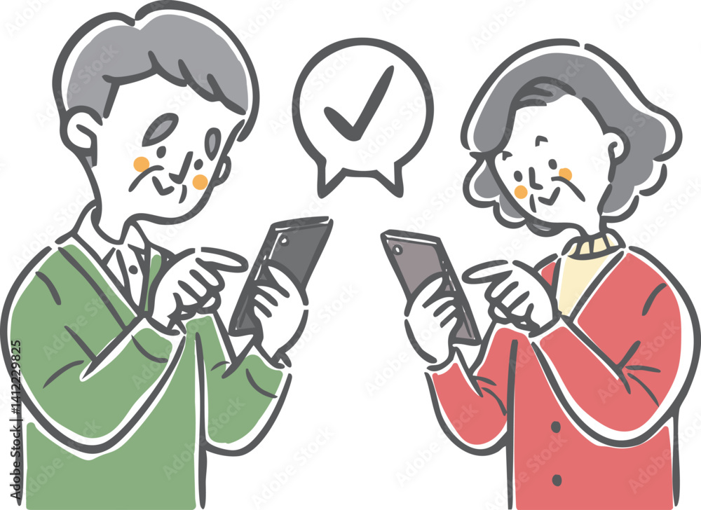 スマホを操作するシニア夫婦 上半身 ベクター スマホを操作するシニア夫婦 上半身 ベクター