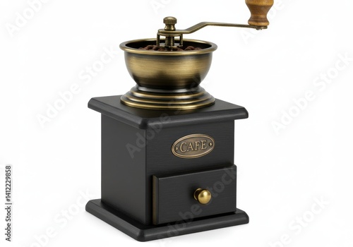 A coffee grinder with a wooden base and a metal grinding bowl filled with coffee beans on white background