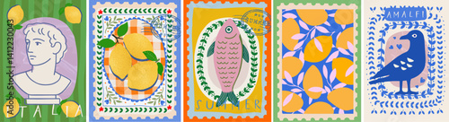 Summer. Italy. Amalfi. Vector illustration of Mediterranean Italian tile with seagull, lemons, sardine fish, antique bust, mango pattern for poster, card or background