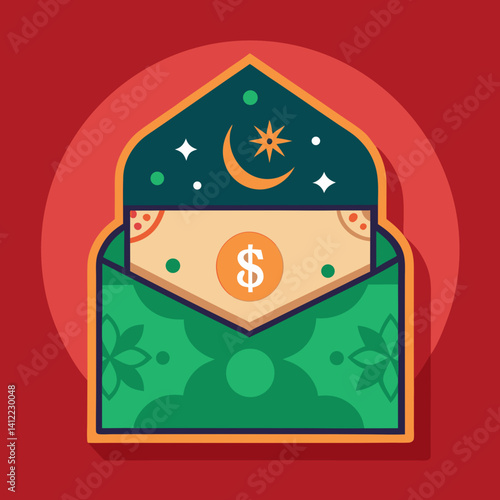 A mystical green envelope holds a night sky and dollar bill, symbolizing hidden wealth and nocturnal prosperity with a bold flat design style.