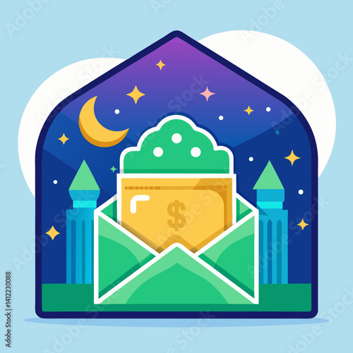 A nighttime gift of wealth arrives in a magical envelope under a crescent moon, nestled between two enchanting minarets with a vibrant, stylized design.