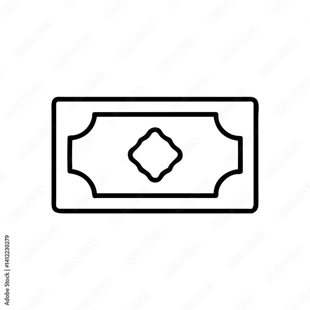 A simple line drawing of a bill representing financial security and prosperity, featuring a bold black outline against a white background. A simple line drawing of a bill representing financial security and prosperity, featuring a bold black outline against a white background.