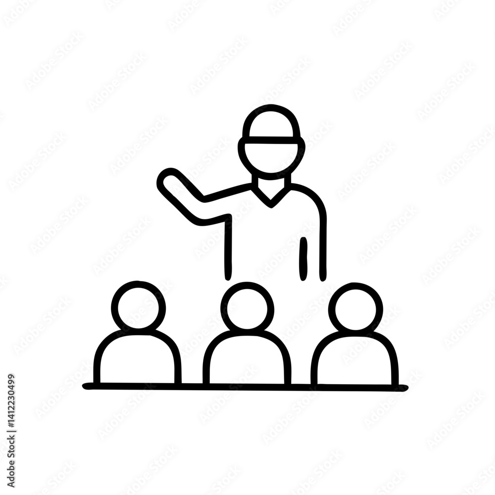 An enthusiastic instructor passionately leads a small group class, sharing knowledge and inspiring students with simple line art. An enthusiastic instructor passionately leads a small group class, sharing knowledge and inspiring students with simple line art.