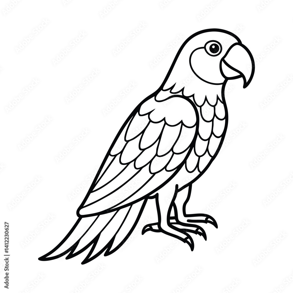 Black and White Illustration of a Parrot with Cartoon Features Black and White Illustration of a Parrot with Cartoon Features