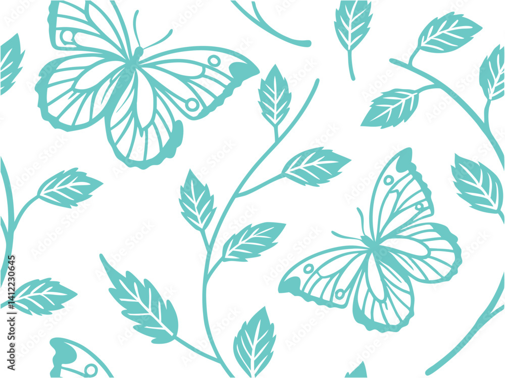 Butterfly and Leaves Seamless Nature Pattern in Teal Outline. butterfly, leaf, seamless, nature, spring, botanical, teal, insect, pattern, outline Butterfly and Leaves Seamless Nature Pattern in Teal Outline. butterfly, leaf, seamless, nature, spring, botanical, teal, insect, pattern, outline