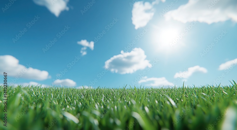 Blue sky and green grass background, panoramic view, 3D rendering. Bright and fresh colors create an atmosphere of spring or summer. The grass is lush with sunlight shining through the clouds on it.
