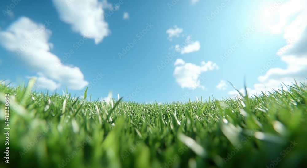Blue sky and green grass background, panoramic view, 3D rendering. Bright and fresh colors create an atmosphere of spring or summer. The grass is lush with sunlight shining through the clouds on it.