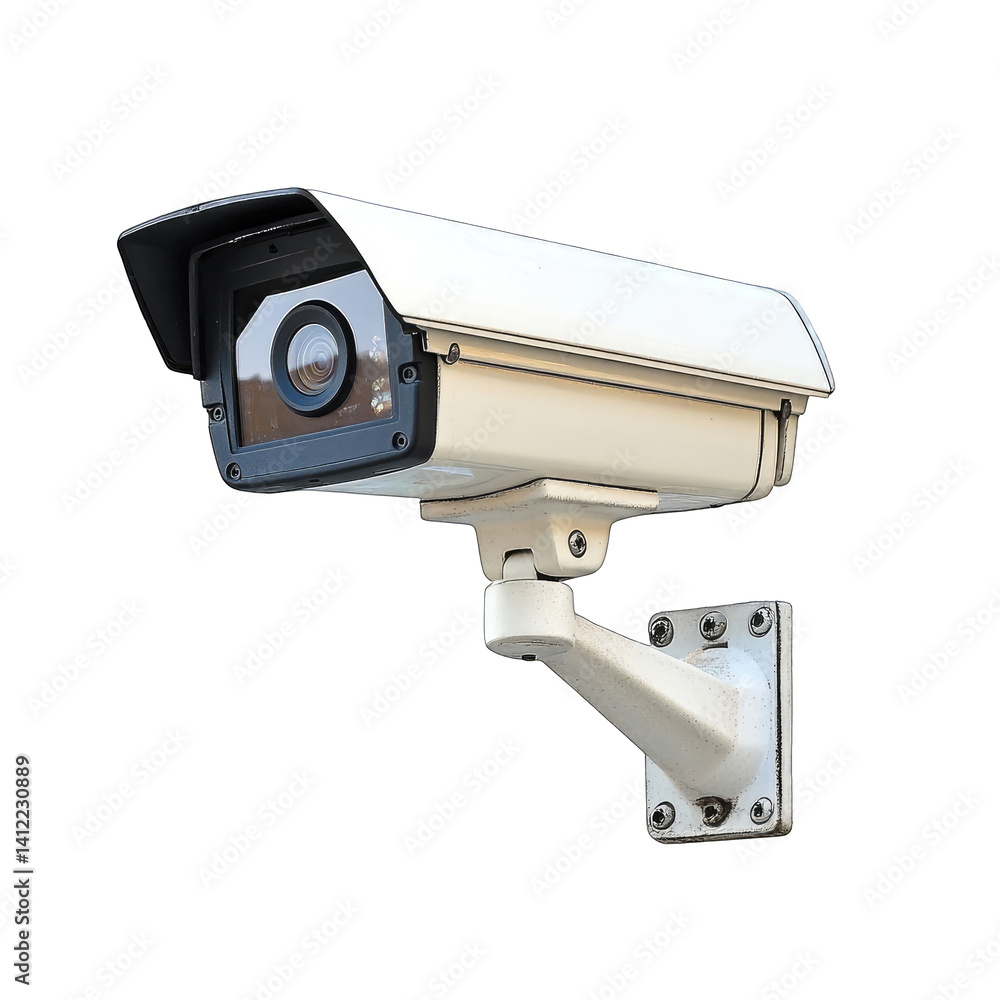 A close up shot of a white security camera mounted on a bracket against black background A close up shot of a white security camera mounted on a bracket against black background