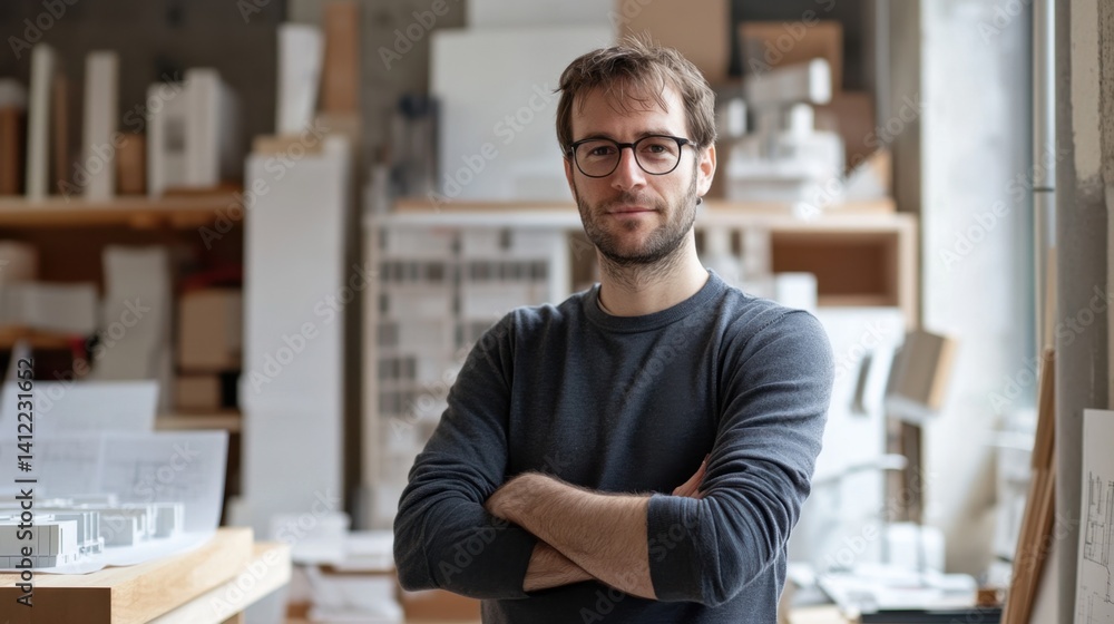 Confident male architect standing with arms crossed in modern studio, showcasing creativity and design in professional workspace filled with models and materials Confident male architect standing with arms crossed in modern studio, showcasing creativity and design in professional workspace filled with models and materials