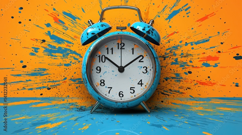 Bold, vibrant graphic with of a countdown timer in blue , gold background