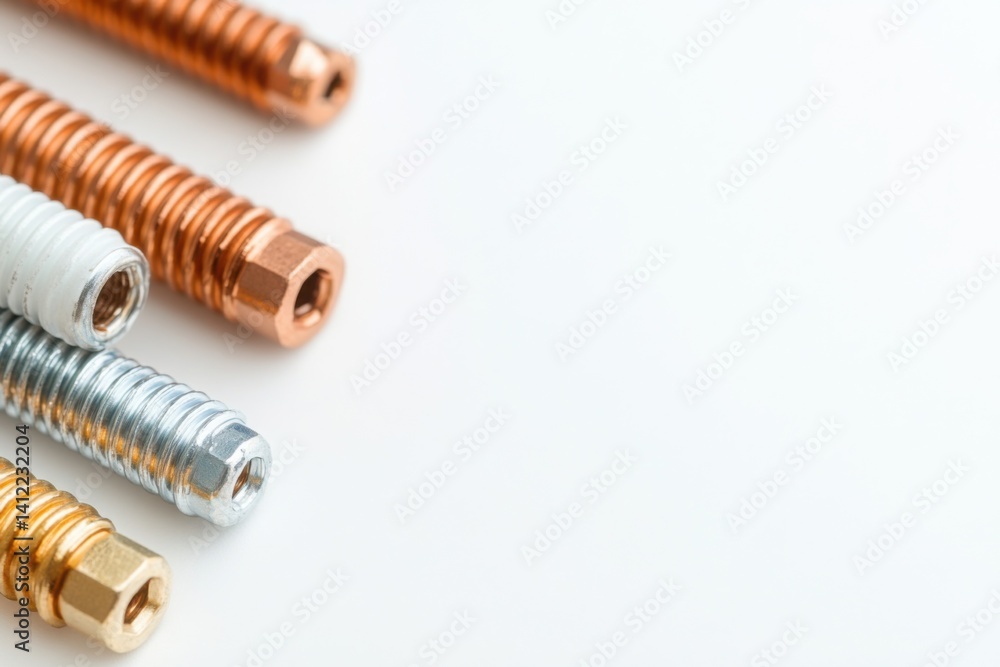 bolts on a plain white background, The straightforward lighting highlights the distinct textures and colors of the whole bolts form.