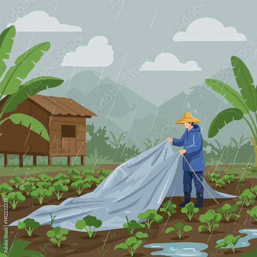 Farmer Covering Crops in Rain Agriculture Scene