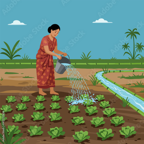 Woman Watering Plants in Field Using Bucket Illustration