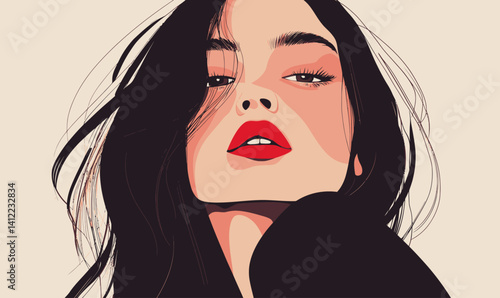 Stylish Minimalist Vector Portrait of Young Woman with Red Lips