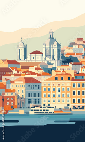 Portugal Lisbon Retro Travel Poster with Minimalist City Landmarks and Skyline