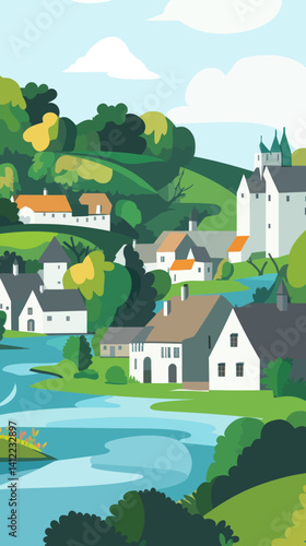 Quaint Bibury Village Landscape with River and Castle, Gloucestershire Vector Illustration