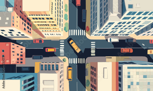 Aerial City Intersection View Vector Illustration with Buildings and Traffic