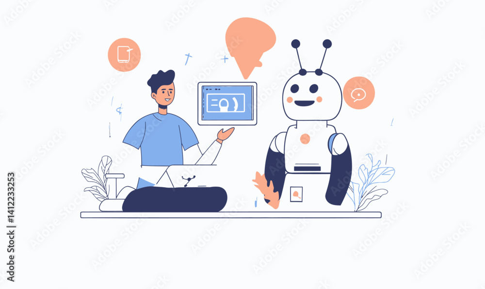 Man Interacting with Chatbot for Process Automation and AI Concept Man Interacting with Chatbot for Process Automation and AI Concept