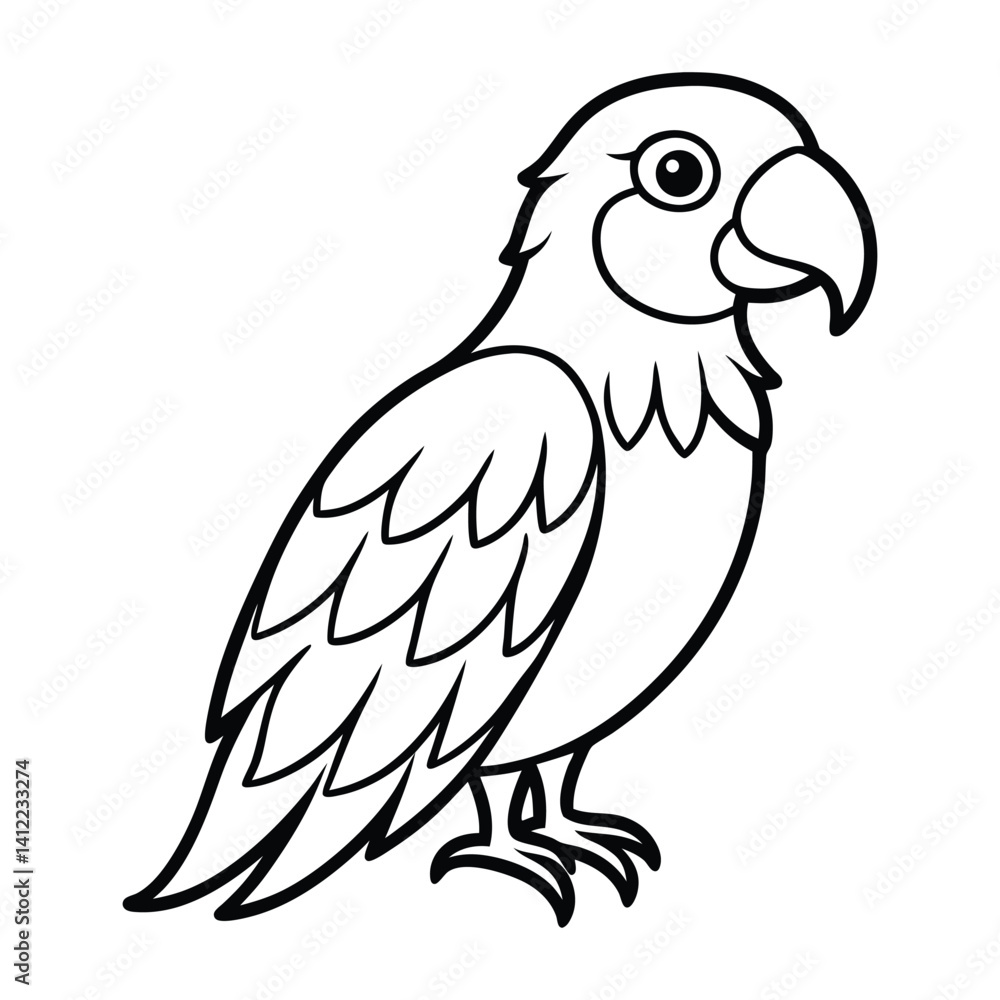 Black and White Illustration of a Parrot with Cartoon Features Black and White Illustration of a Parrot with Cartoon Features
