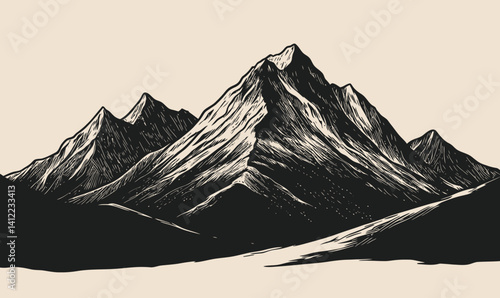 Vintage Engraving Style Mountain Peaks in Minimalist Flat SVG Vector Art