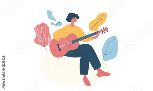 Minimalist Vector Illustration of Person Playing Guitar with Autumn Leaves