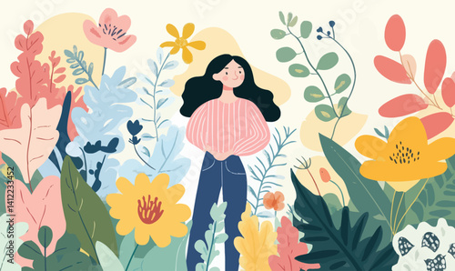 Spring Garden Illustration of Woman in Floral Background for Women's Day