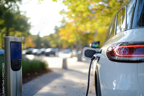 Car charging at an electric vehicle dock in front of a modern building. A demonstrating the electric energy concept. 