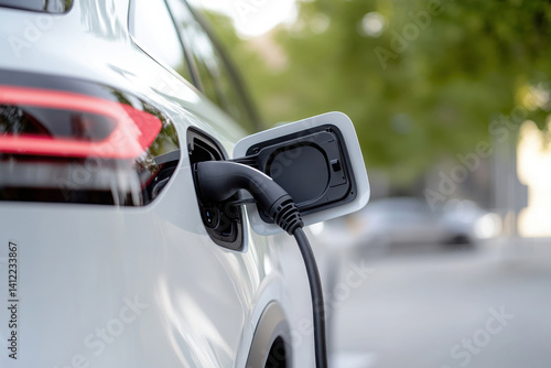 Obraz na płótnie Car charging at an electric vehicle dock in front of a modern building. A demonstrating the electric energy concept. w salonie