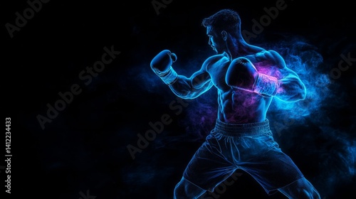 Wallpaper Mural Abstract silhouette of a muay thai boxer floating in motion, neon smoke, isolated black background Torontodigital.ca