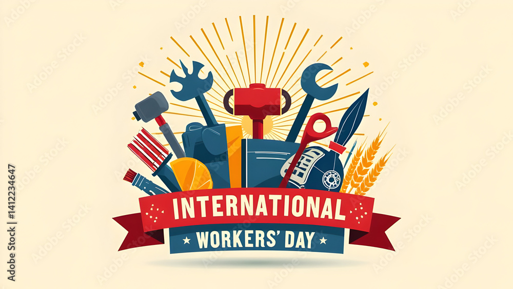 Fototapeta premium International Workers' Day: Labor Day Celebration. Illustration with tools, helmets, and wheat. Honoring workers and labor movement.