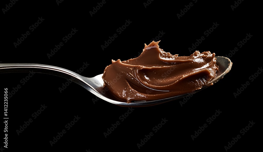 Fototapeta premium Silky chocolate butter spread on a spoon, isolated on a black background