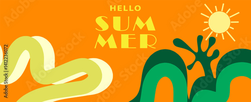 Summer horizontal abstract background with hand drawn wavy lines and typograpy. Modern art minimalist design template for web banner, sales, horizontal poster, header, cover, social media, vector