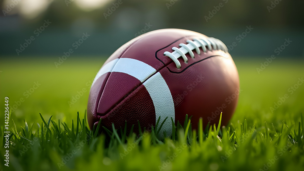 Close-up of a brown football resting on green grass during afternoon sunlight at a sports field Close-up of a brown football resting on green grass during afternoon sunlight at a sports field