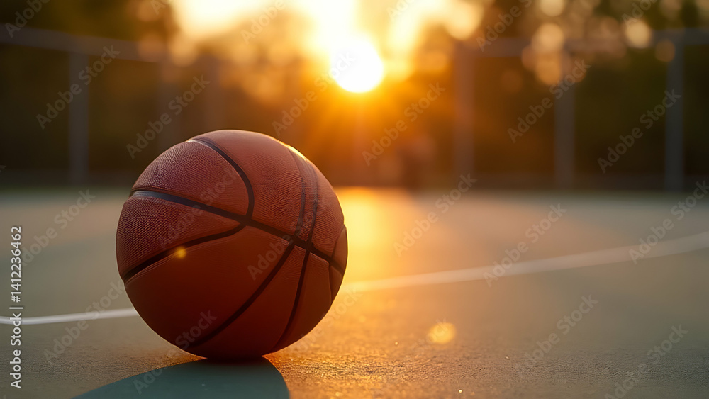 Basketball rests on a court with the sun setting in the background during a warm evening Basketball rests on a court with the sun setting in the background during a warm evening