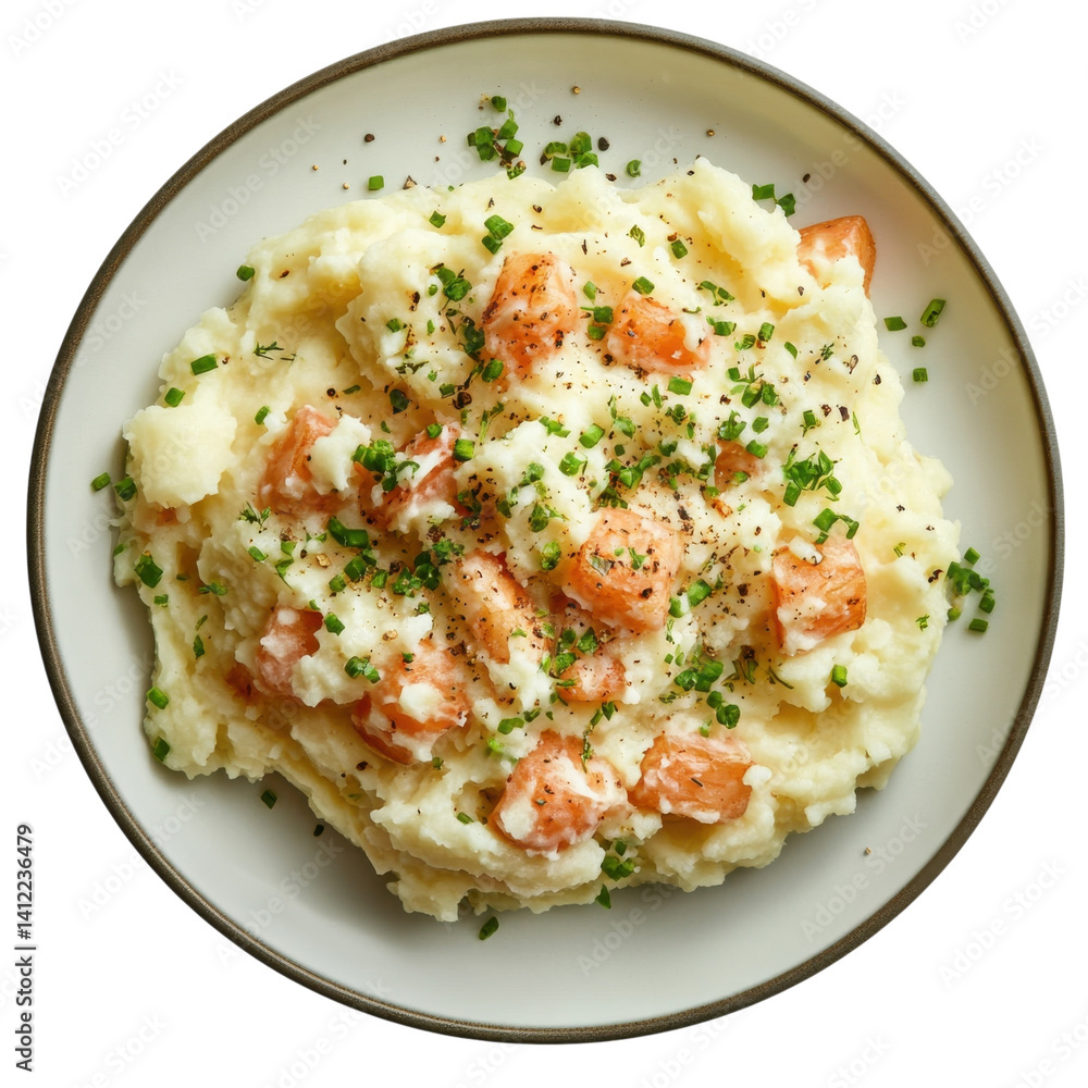 Mashed potatoes with fish on transparent background. Mashed potatoes with fish on transparent background.