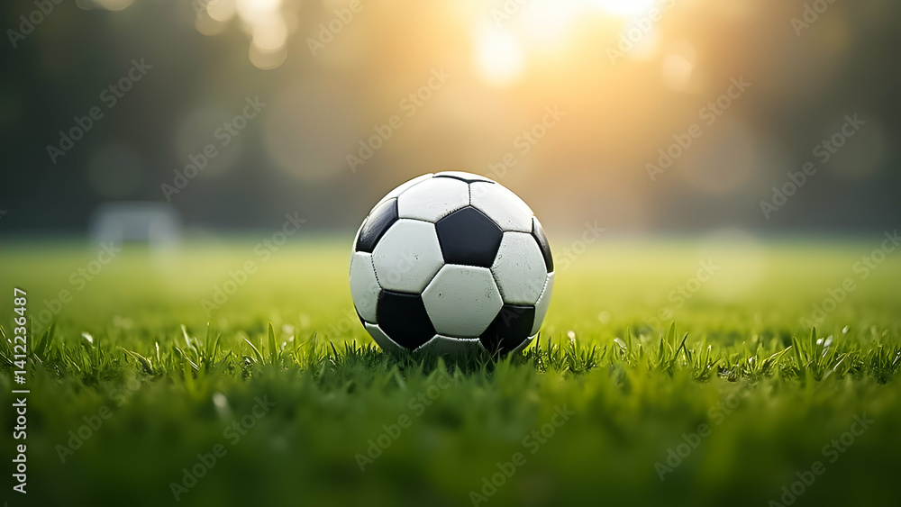 Naklejka premium Soccer ball resting on green grass during sunset in a soccer field