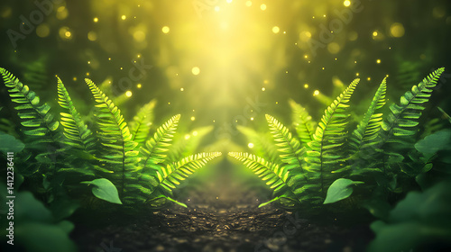 Lush fern forest illuminated by soft golden light during an enchanting morning hour in nature