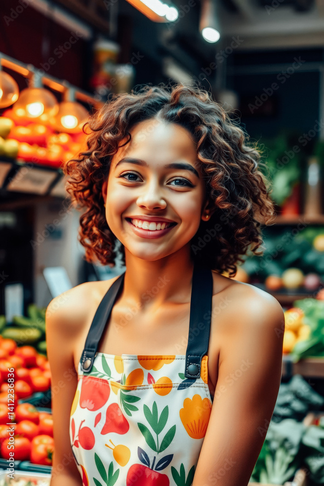 Friendly Market Vendor with a Vibrant Apron