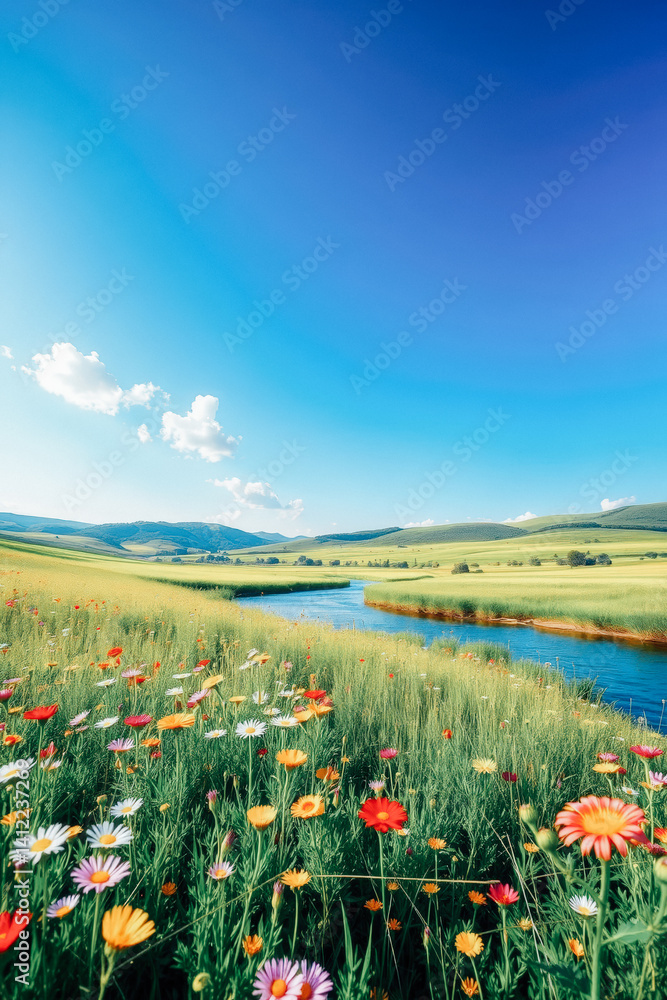 Colorful Flowers Along a Serene River Valley
