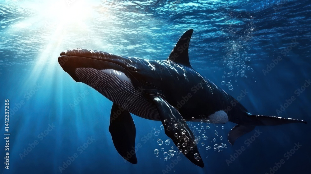 Naklejka premium Orca swimming underwater, sun rays, ocean depths