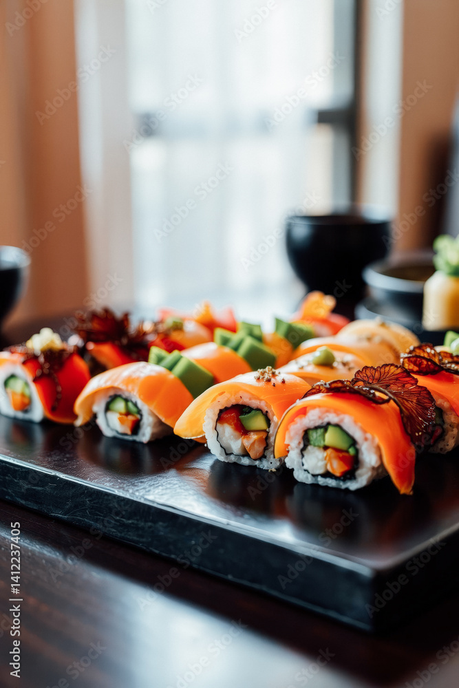 Assorted Sushi Rolls on a Dark Tray