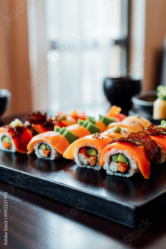 Obraz na płótnie Assorted Sushi Rolls on a Dark Tray w salonie